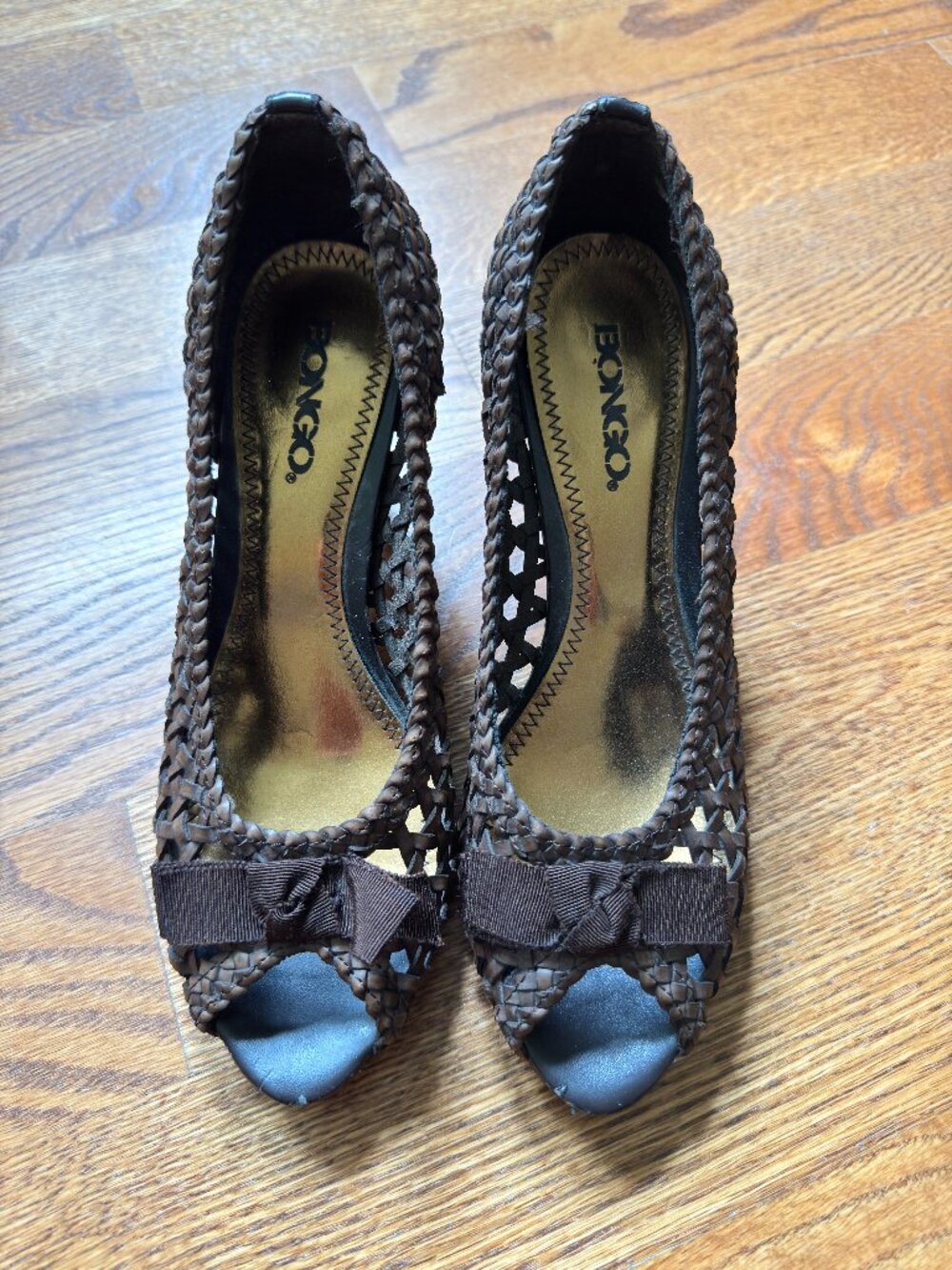 Bongo Brown Woven Peep Toe Heels Bow Pumps Y2K Boho Women’s Retro sz-7
